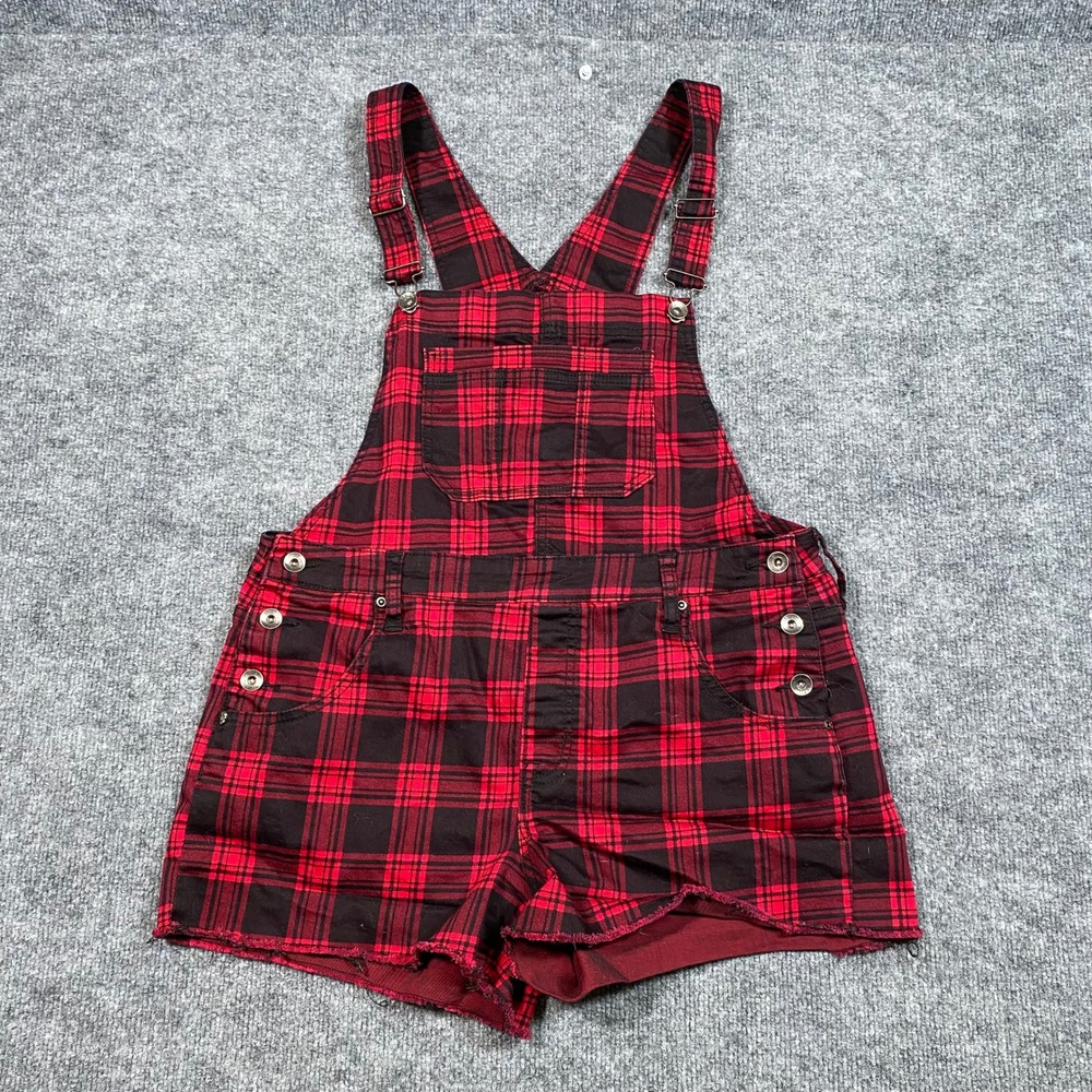 HT Denim Hot Topic Red Black Plaid Shortalls Overalls Womens Large Grunge Edgy